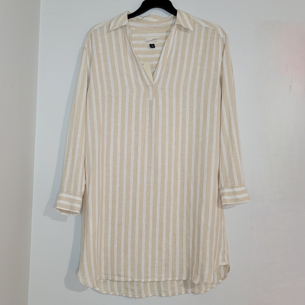 Universal Thread Tan & White Striped Linen Blend Long Sleeve Shirt Dress. Size M